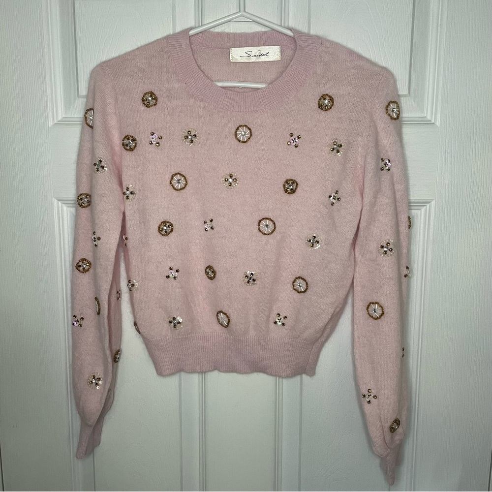 Snidel Beaded Crewneck Pullover Light Pink Sweater Medium